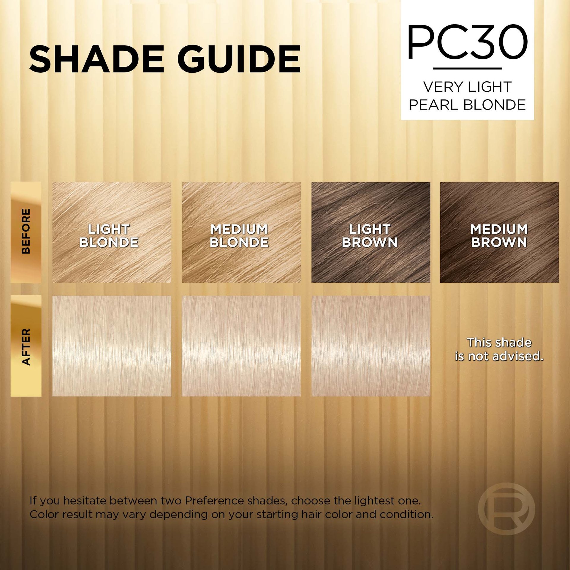 Hair before and after using Superior Preference PC30 Very Light Pearl Blonde